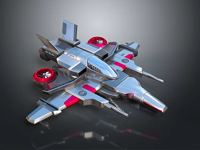 Futuristic Cosmic Spacecraft Design Featuring Metallic Body Red Propellers And Wing Structures 3d model
