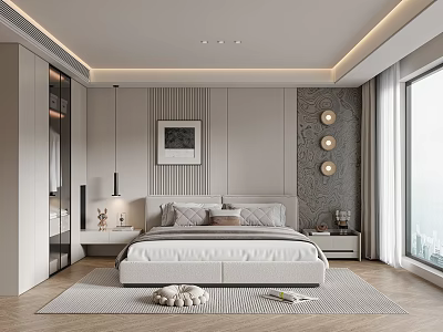 Modern Bedroom Interior With Platform Bed Nightstands Wall Lamps And Area Rug 3d model