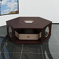 Hexagonal Dark Brown TV Stand With Circular Inlay Top Drawer And Round Side Cutouts 3d model