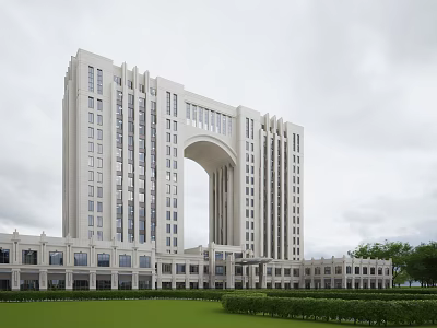 Modern White Multi Story Office Building With Arch Design And Green Lawn 3d model