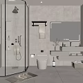 Modern Bathroom Interior With Glass Shower Enclosure Stone Walls Vanity Mirror And Storage