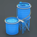 Industrial Blue Water Storage Tanks With Metal Support Structures And Top Railings 3d model