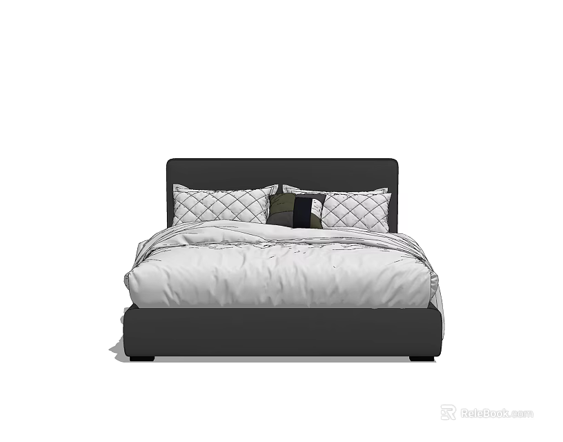 Modern Double Bed With Dark Headboard White Quilted Bedspread And Decorative Pillows 3d model