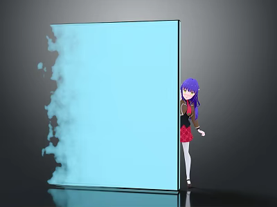 Purple Haired Girl in Black Top Standing Beside Blue Panel With Smoke Effect 3d model