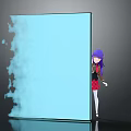 Purple Haired Girl in Black Top Standing Beside Blue Panel With Smoke Effect