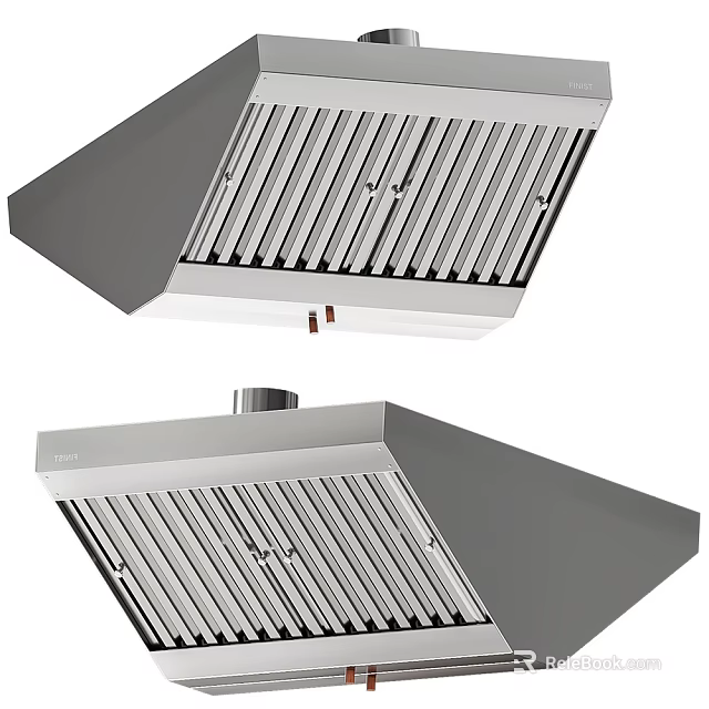 Modern Stove In Kitchen With Silver Striped Range Hood And Contemporary Design 3d model 