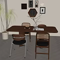 Elegant Modern Dining Area With Wooden Table Rattan Chairs And Wall Art