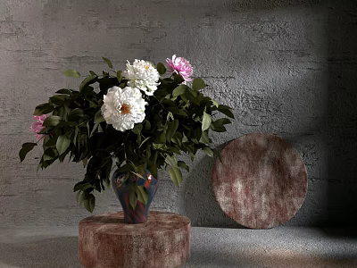 Ornamental Decor Set Featuring Peony Flowers In Vase With Wooden Base And Decorative Plate 3d model