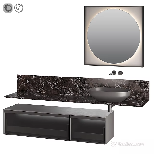 Modern Bathroom Vanity With Marble Countertop Round Mirror And Black Cabinet Storage 3d model 