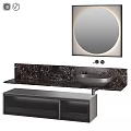 Modern Bathroom Vanity With Marble Countertop Round Mirror And Black Cabinet Storage