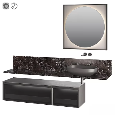 Modern Bathroom Vanity With Marble Countertop Round Mirror And Black Cabinet Storage 3d model