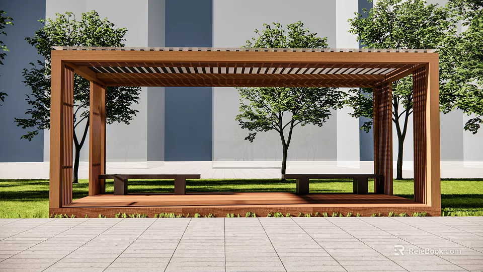 Wooden Pergola With Bench Seating And Surrounding Trees In Grass Area 3d model 