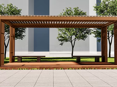 Wooden Pergola With Bench Seating And Surrounding Trees In Grass Area 3d model