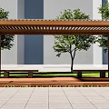 Wooden Pergola With Bench Seating And Surrounding Trees In Grass Area