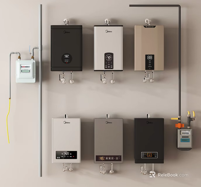 Various Modern Water Heaters in Different Colors with Sleek Control Panels and Wall Mounted Design 3d model 