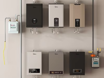 Various Modern Water Heaters in Different Colors with Sleek Control Panels and Wall Mounted Design 3d model