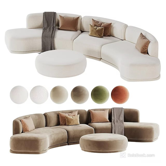 Curved Sectional Sofa With Ottoman Pillows Blanket And Color Options 3d model 
