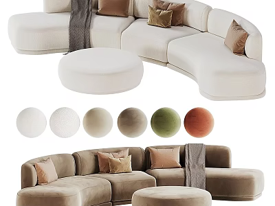 Curved Sectional Sofa With Ottoman Pillows Blanket And Color Options 3d model