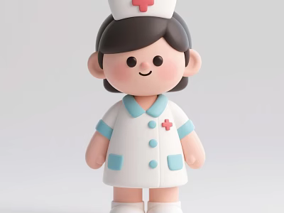 Cute Nurse Doll With White Uniform Blue Collar Red Cross And Smiling Face 3d model