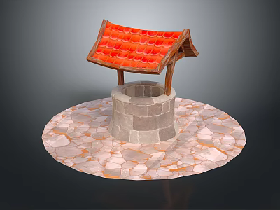 Stone Well Structure With Red Tiled Roof And Circular Stone Pavement 3d model