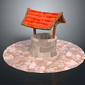Stone Well Structure With Red Tiled Roof And Circular Stone Pavement