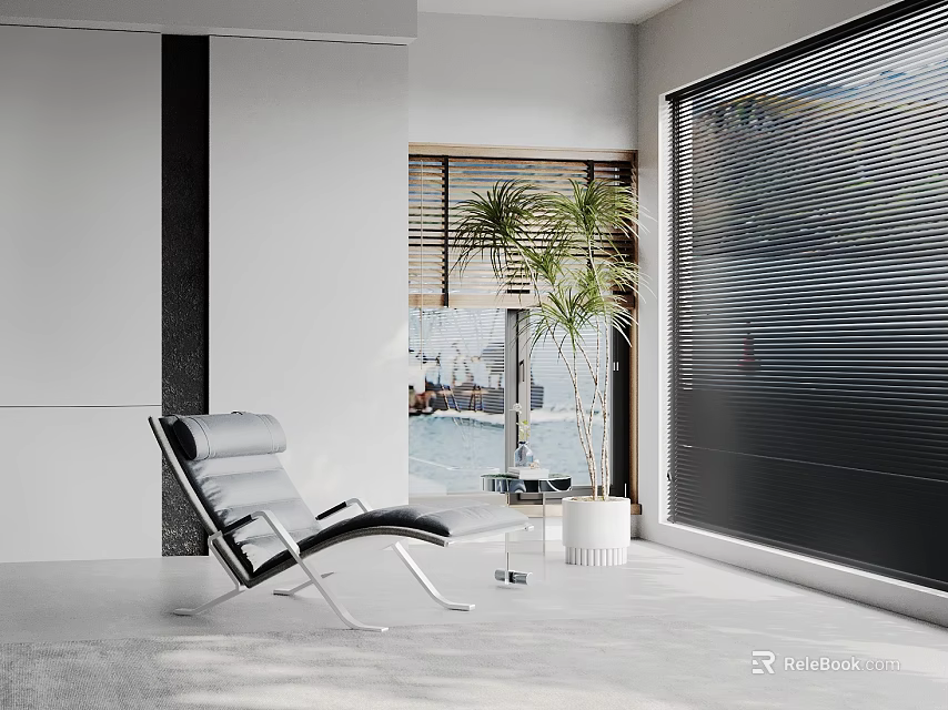 Modern Leather Leisure Chair With Metal Frame In Bright Living Room With Window View And Potted Plant 3d model 