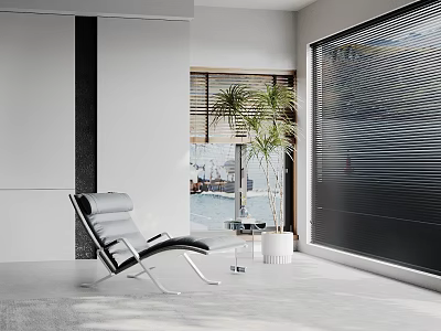 Modern Leather Leisure Chair With Metal Frame In Bright Living Room With Window View And Potted Plant 3d model