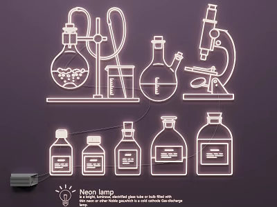 Neon Laboratory Equipment Themed Lighting Set with Flasks Microscope and Bottles 3d model