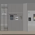 Modern Wine Cabinet With Glass Door Built-in Lighting And Gray Cabinetry In Kitchen Storage