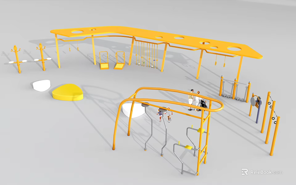 Outdoor Exercise Area With Yellow Fitness Equipment Parallel Bars Swings Climbing Frame And People Exercising 3d model 