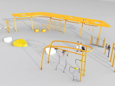 Outdoor Exercise Area With Yellow Fitness Equipment Parallel Bars Swings Climbing Frame And People Exercising 3d model