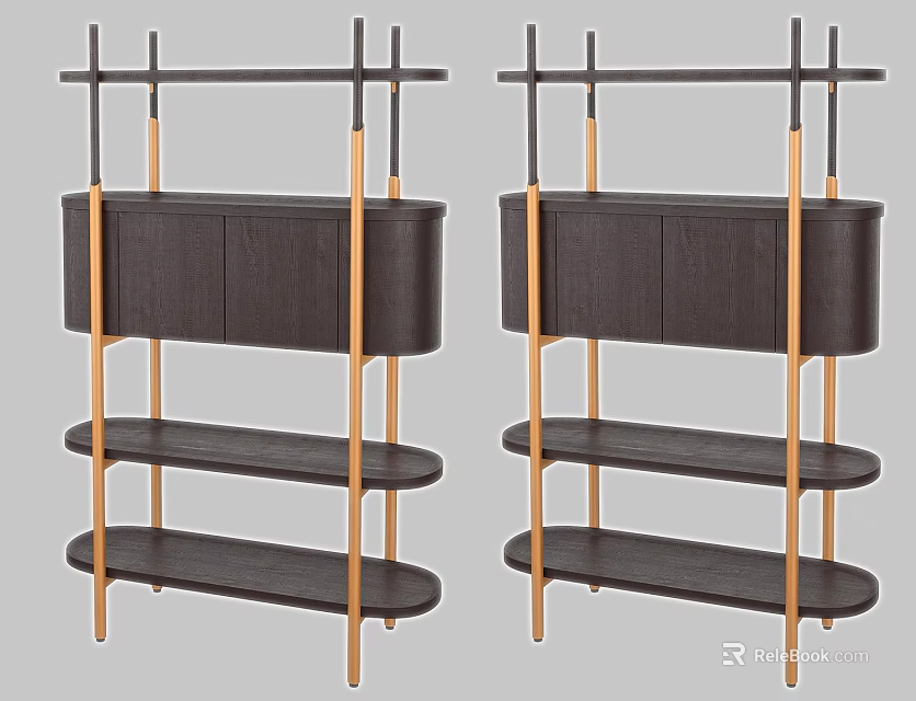 Contemporary Storage Shelf Cabinet Featuring Dark Wood Shelves Gold Metal Supports and Cabinet Doors 3d model 