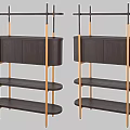 Contemporary Storage Shelf Cabinet Featuring Dark Wood Shelves Gold Metal Supports and Cabinet Doors