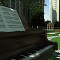 Beautiful Piano And Art Paintbrushes In Garden With Fresh Flowers And Green Grass