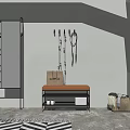 Modern Entryway Sofa Bench With White Wall Coat Hooks Shopping Bag Shoes And Woven Basket