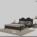 Double Bed With Wooden Frame Upholstered Headboard Decorative Pillows And Bedside Table On Geometric Rug