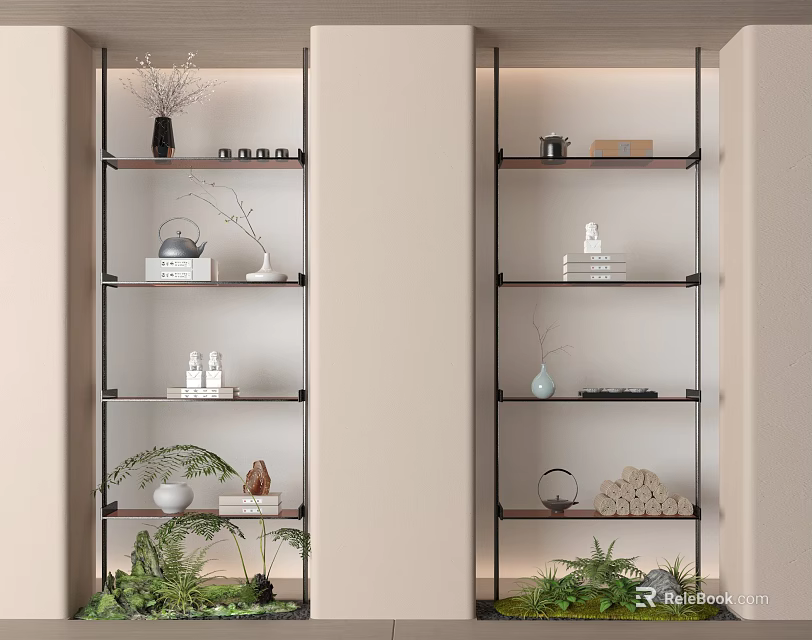 Modern Shelving Unit with Metal Frame Wooden Shelves Displaying Decorative Items and Green Plants 3d model 