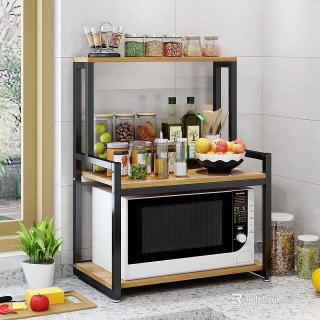 Modern Kitchen Storage Shelf With Wooden Metal Frame Microwave Jars Fruits Spices 3d model 