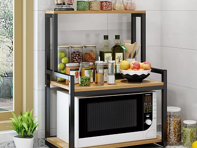 Modern Kitchen Storage Shelf With Wooden Metal Frame Microwave Jars Fruits Spices 3d model