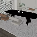 Modern Dining Table Set With Black Top Cream Light Brown Chairs And White Blinds