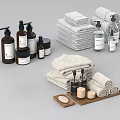 Essential Bathroom Accessories with Towels Liquid Soap Bottles Candles and Wooden Tray
