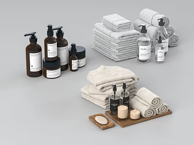 Essential Bathroom Accessories with Towels Liquid Soap Bottles Candles and Wooden Tray 3d model