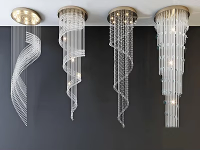 Four Hanging Crystal Chandeliers Showcasing Different Spiral Designs And Ceiling Mounted Style 3d model
