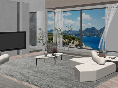 Modern Living Room With Large Windows Sea Mountain View White Sofa Gray Carpet Green Plants 3d model