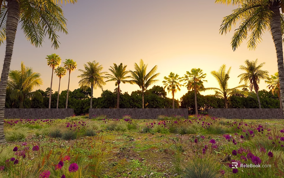 Tall Palm Trees in Sunset Field With Purple Flowers and Lush Green Grass 3d model 