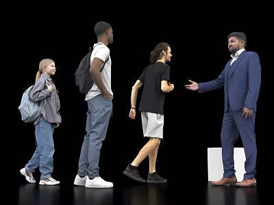 Group of People Interacting With Businessman In Suit Casual Wear And Child With Backpack 3d model