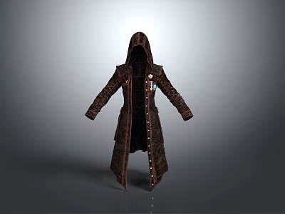 Brown Hooded Long Coat With Detailed Patterns Button Closure And Embroidered Badges 3d model
