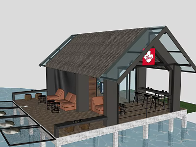 Waterfront Pavilion Featuring Wooden Structure Thatched Roof Glass Walls Red Sign And Outdoor Seating 3d model