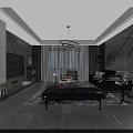 Modern Dining and Living Room Interior with Open Layout Decorative Paintings and Lighting