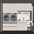 Modern White Bathroom Cabinet Rack Interior With Washing Machines Countertop Faucet And Green Plant